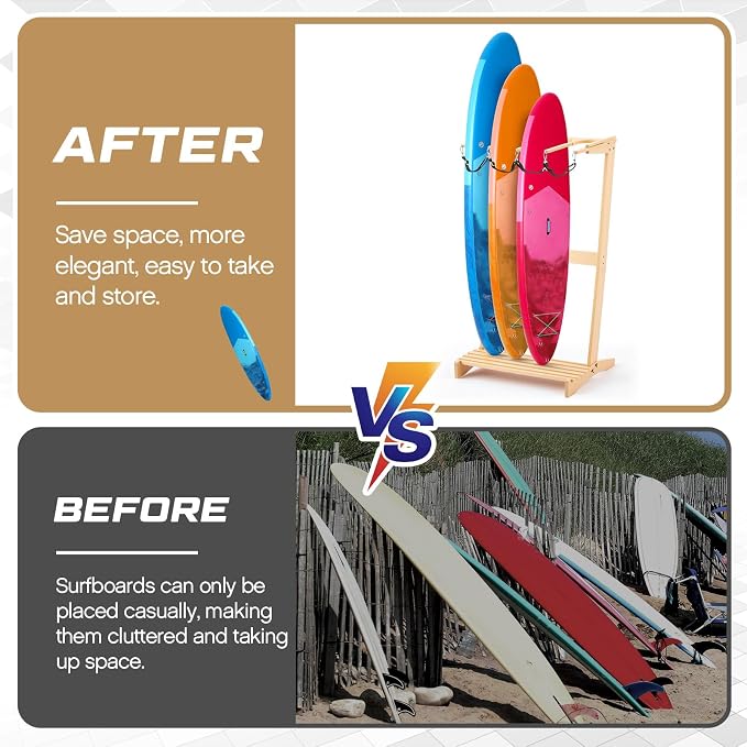 CroBlissful Surfboard Rack Freestanding Vertical Surf Board Stand for 4 Boards Bamboo Display Rack for Shortboard, Snowboard, Skateboard, Ski and Wakeboard