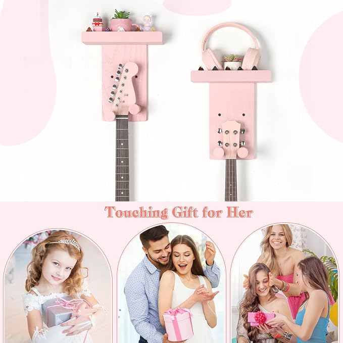 Keebofly 2-Pack Guitar Wall Mount Hanger with Shelf & Pick Holder - Wood Wall Hook for Acoustic, Electric, Bass Guitars, Ukulele (Screw-Mounted, Pink) [Patented]