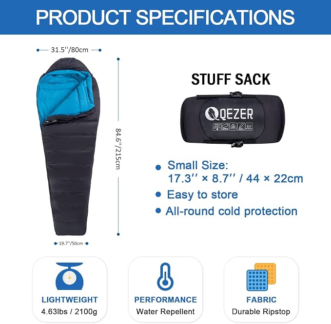 Down Sleeping Bag for Adults, 0°F 10°F 15°F 20°F 600 Fill Power Mummy Lightweight Compact Cold and Warm Weather Backpacking Sleeping Bag for Camping Hiking Outdoor All Seasons