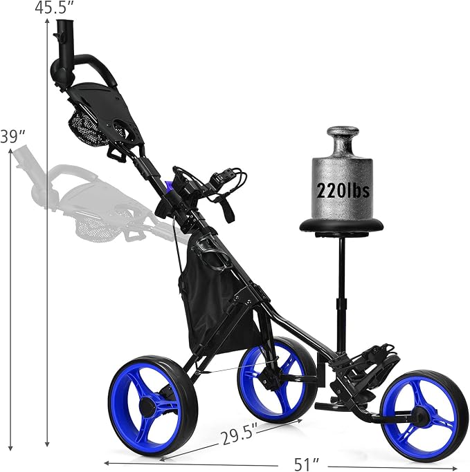 Golf Push Carts 3 Wheel Folding-Collapsible Lightweight Push Cart with Seat for Golf Clubs, Foot Brake/Umbrella Holder- 4 Height Position Handle