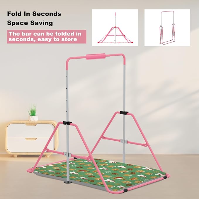 Gymnastics Bar with Self-Inflating Mat for Kids, Adjustable Height Gymnastic Horizontal Bars with Mat, Folding Gymnastic Training Monkey Bars, Junior Expandable Training Kip Bar for Home