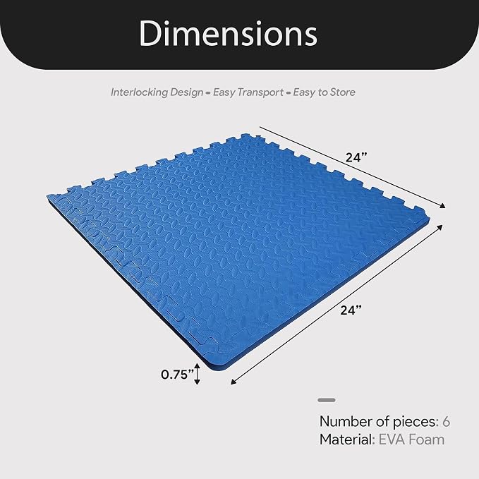 BalanceFrom Puzzle Exercise Mat 3/4" Thick, EVA Interlocking Foam Floor Tiles for Home Gym, Mat for Home Workout Equipment, Floor Padding for Kids, Blue, 24 in x 24 in x 3/4 in, 24 Sq Ft - 6 Tiles