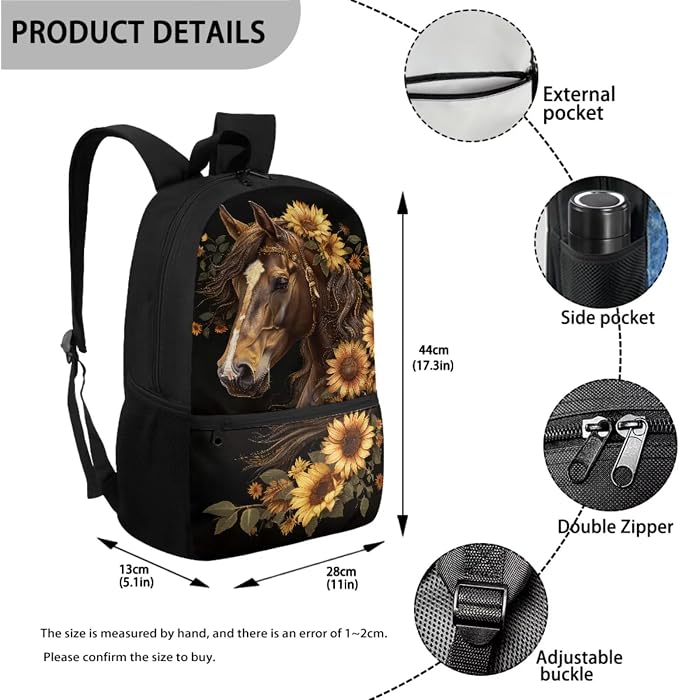 Sunflower Horse Backpack for Girls School Bag with Lunch Bag Pencil Case Water Bottle Holder Kids Bookbag 4 PCS Elementary Daypack Back to School Accessories