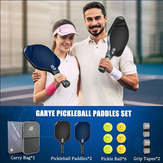 GARYE Pickleball Paddles Set of 2 or 4, USAPA Approved Carbon Fiber Pickleball Set, Lightweight Pickle Ball Rackets 2 Pack with 6 Balls, 1 Bag, Pair of Grip Tapes, Pickle Ball Paddle for Men and Women