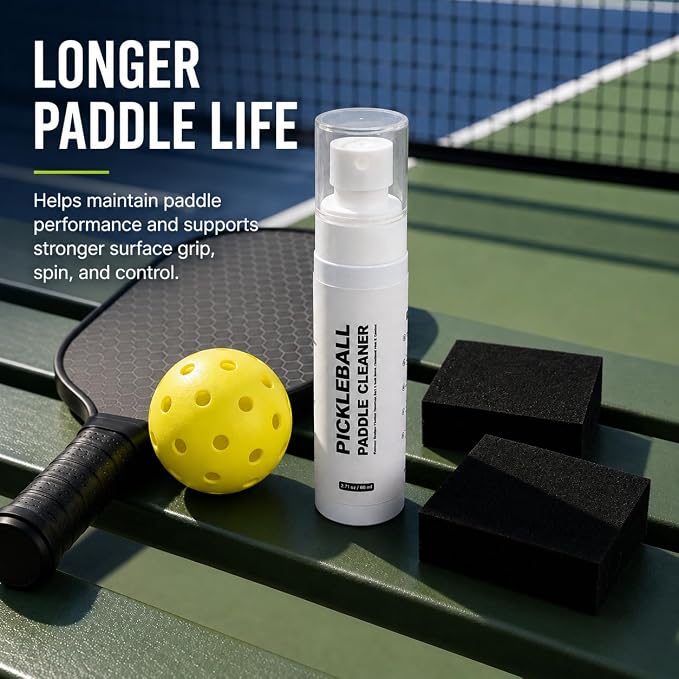 Pickleball Paddle Cleaner Spray Kit, 2.71 oz Cleaning Solution with 2 No-Shed Sponge Pads, Removes Ball Marks, Dirt & Grip Buildup for Carbon Fiber, Fiberglass & Composite Paddles