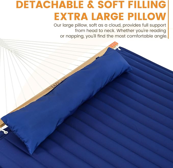 Lazy Daze Hammocks 10.5FT 2 Person Double Quilted Fabric Hammock with Spreader Bar, Detachable Pillow, Side Pocket, Carabiners, Chains, Straps for Outdoor, 450lbs Capacity, Navy Blue