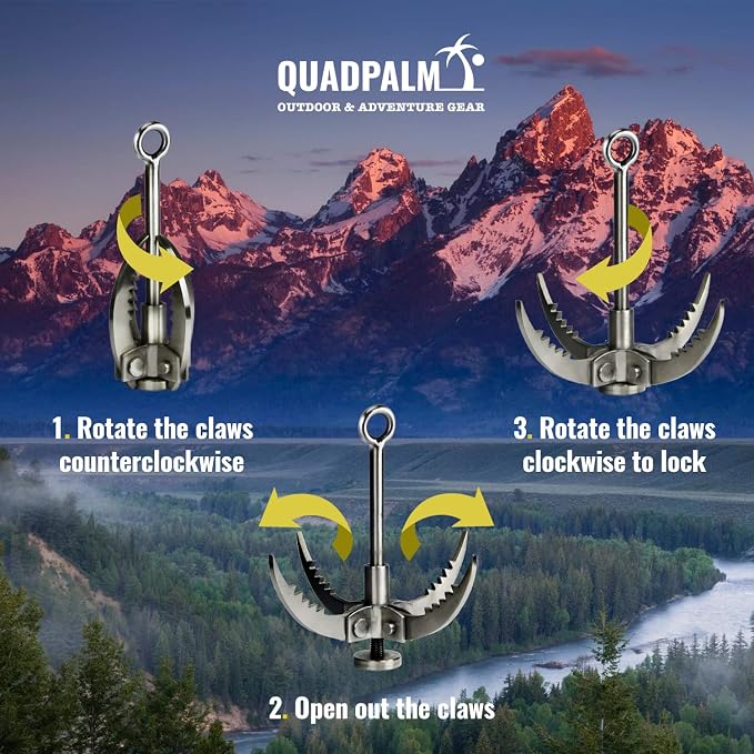Grappling Hook with 10m Rope – Multifunctional QUADPALM Grapple Hook - 4 Stainless Steel Folding Claws - Heavy Duty - Outdoor Camping Hiking Tree Rock Mountain Climbing Equipment