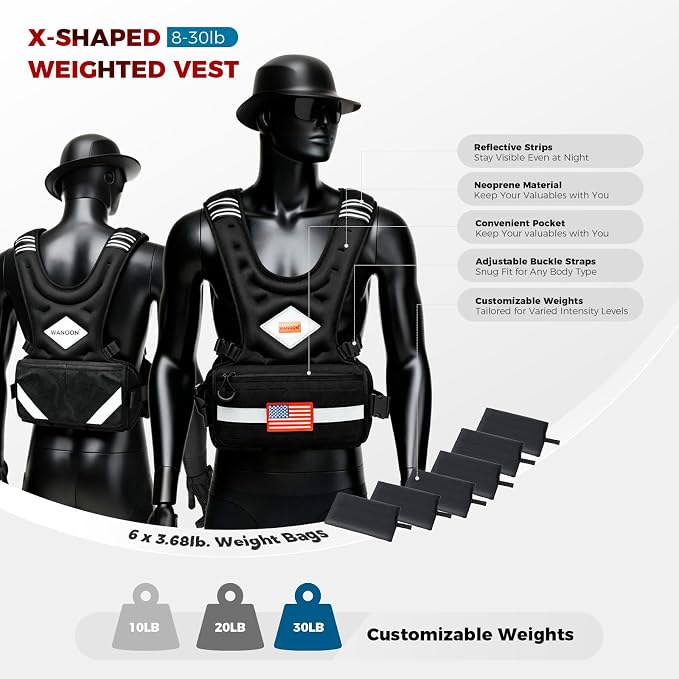 Weighted Vest Woman & Men, 6-10lb/8-20lb/8-30lb Adjustable weighted Vest With Pockets & Reflective Strips for Walking, Running, Hiking,Rucking, Workout, Strength Training