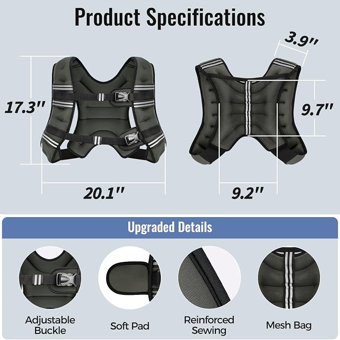 Zeerun Weighted Vest, 6lb/8lb/10lb/12lb/15lb/18lb/20lb/24lb/30lb for Men Women, Reflective Stripe Adjustable Buckle, Comfortable Durable Rucking Vest for Walking Running Strength Training