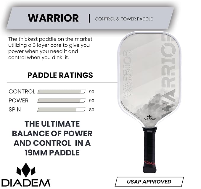 Diadem Warrior Pickleball Paddle | Carbon Fiber Face, 3X L-Core Hybrid Nomex Polymer Honeycomb Core, Grit Paint Surface for Spin, Control and Power | Indoor/Outdoor | USAPA Approved