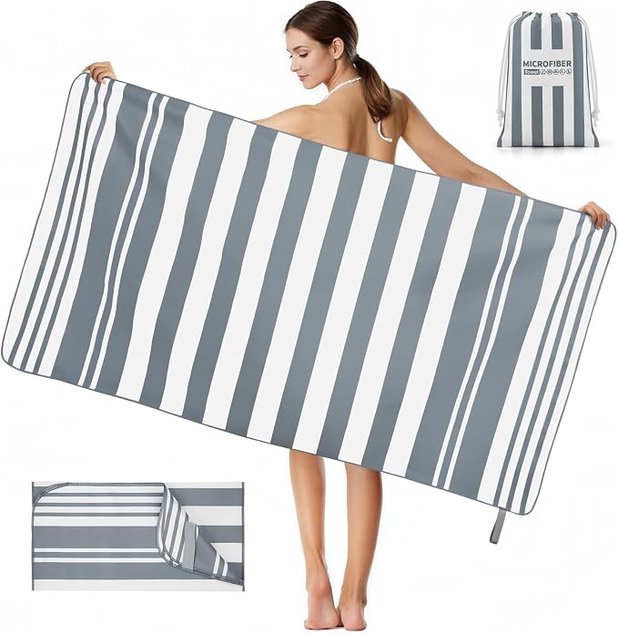 2-Pack Microfiber Beach Towels Set (63"x31.5" + 31.5"x16") | Oversized Quick Dry Sand Free Travel Towel for Beach Pool Gym Camping (Grey Towel A)