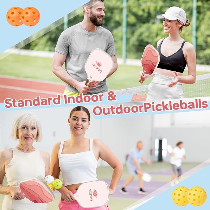 niupipo Pickleball Paddles Set of 2 or 4, USAPA Approved Fiberglass Pickleball Paddle Set with Balls and Bag, Polypropylene Honeycomb Core, Lightweight Pickleball Paddles for Beginners Men Women