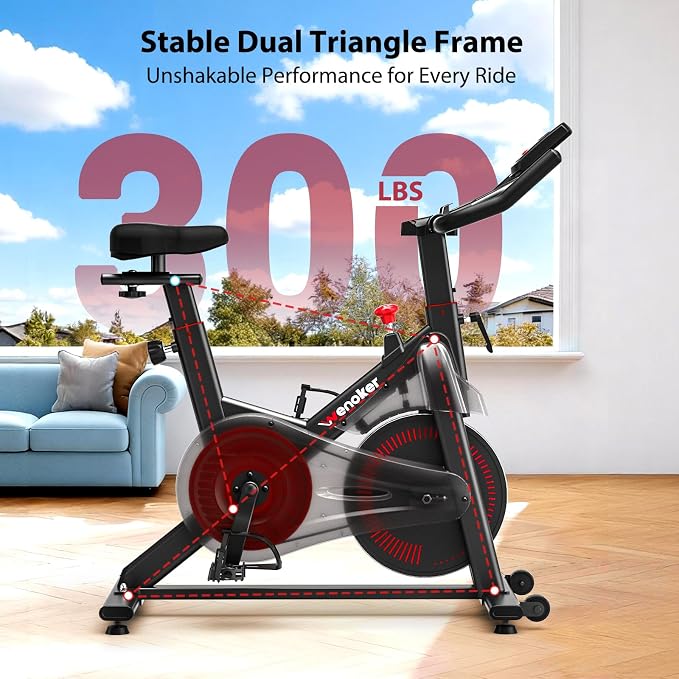 Exercise Bike, Wenoker Magnetic Stationary Bike for Home App Sync Indoor Bike with Adjustable Seat and Handlebar, Transport Wheels and Fitness Courses for Weight Loss