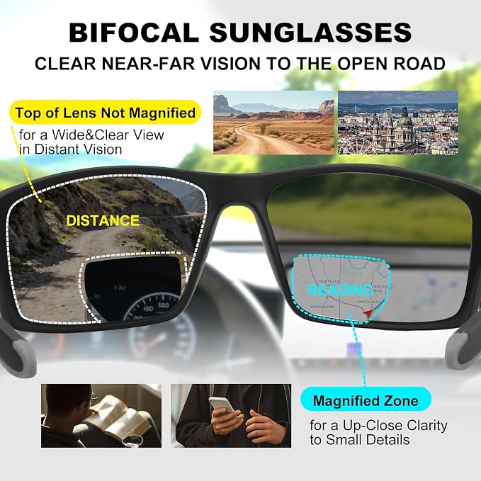 Missfive 2 Pack Mens Preferred Bifocal Sunglasses with Readers Built in, Sporty Semi-Rimless Wrap Dark Reading Glasses - Full Frame Rubber Thick Temples, UV400 Protection Outdoor/Driving, +200