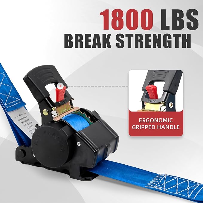 Retractable Ratchet Tie-Down Straps 1800 lbs, 1in × 10ft Auto Retract Cargo Straps with Zinc S-Hooks, Self-Retracting Tie Downs for Trucks, Roof Racks & Trailers, 2 Pack, Blue, Damped Rewind