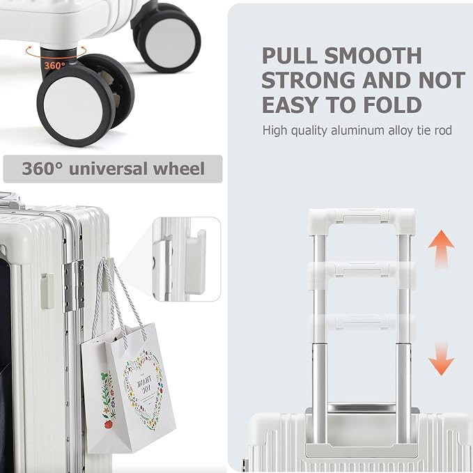 feilario Aluminium Frame PC Hard Shell Spinner Wheels Luggage,20.8"X15"X8.7 Airline Approved Built-In TSA lock Carry on Suitcase, with Cup Holder, USB Port, Phone Holder