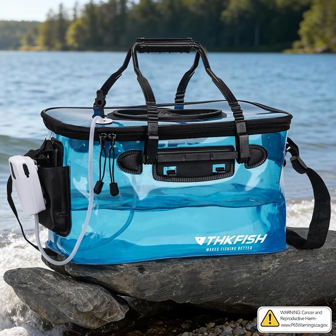 THKFISH Foldable Transparent Fishing Bucket, 8 Gallon Foldable Bait Bucket, Live Fish Container Multi-Functional Bait Bucket, Live Bait Fishing Bucket for Saltwater, Camping (8Gallon)