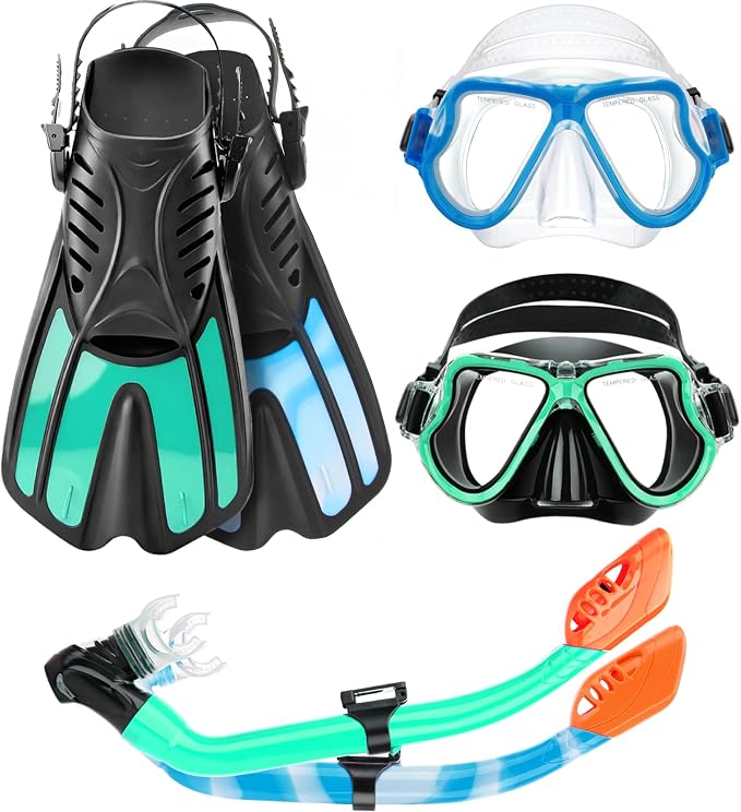 Snorkeling Gear for Kids, 4 in 1 Child Mask Fins Snorkel Set with Panoramic View Anti Fog Mask, Dry Top Snorkel, Trek Fins and Travel Bag, Kids Snorkeling Set with Fins for Snorkeling Swimming