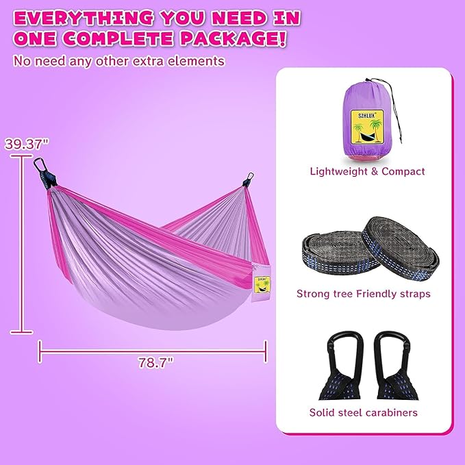 SZHLUX Kids Hammock - Kids Camping Gear, Camping Accessories with 2 Tree Straps and Carabiners for Indoor/Outdoor Use, Pink & Light Purple