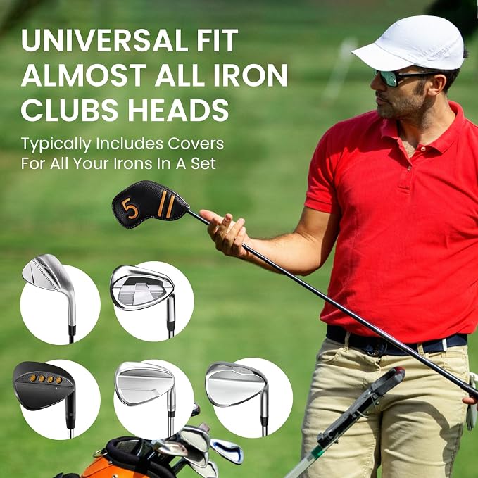 FINGER TEN Magnetic Golf Club Head Covers Value 9 Pack for Iron and Wedge, Premium PU Leather with Double-Sided Colorful Embroidery Label, Stylish Black Covers for Strong Protection