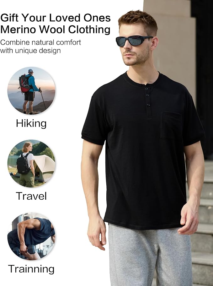 Merino Wool Crewneck T Shirts for Men for Athletic Running Workout, Lightweight Mens Moisture Wicking Shirts