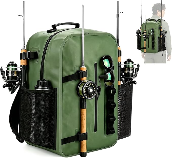 Floating Fishing Backpack IP68 Waterproof Submersible Zipper, Tackle Backpack Fits 2-3 3700 Tackle Boxes, 840D PVC Tackle Backpack with 3 Rod Holders, Fishing Accessories Gift for Men & Women