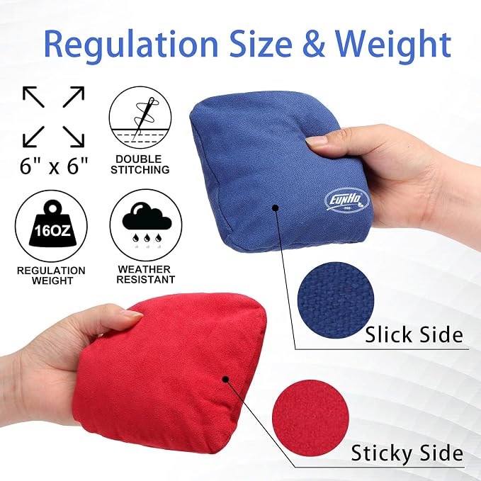 EunHo Regulation Cornhole Bags Set of 8 - Dual Sided Slick and Stick Cornhole Bean Bags for Tossing Game Professional All Weather Pro Corn Hole Bags with Tote Bag