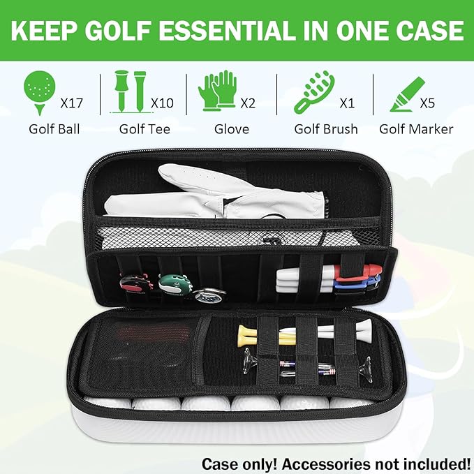 Golf Glove Holder Case with Glove Shaper - Protective Hard Shell Golf Accessories Case Bag with 2 Dividers Fits Balls, Tees, Markers - Ideal Gift