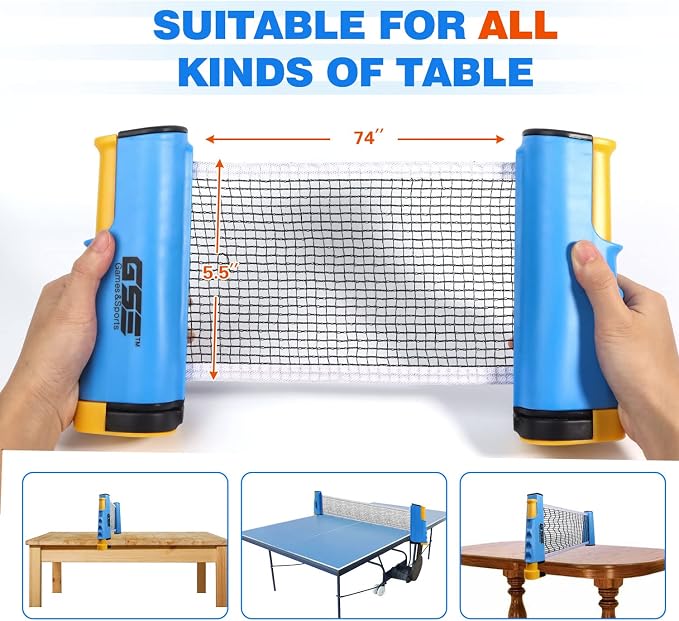 GSE Games & Sports Expert Adjustable Retractable Ping Pong Net Set & Post. Professional Table Tennis Rackets and Balls, Net with Posts and Storage Bag - Pingpong Paddle and Game Table Accessories. | Adjustable
