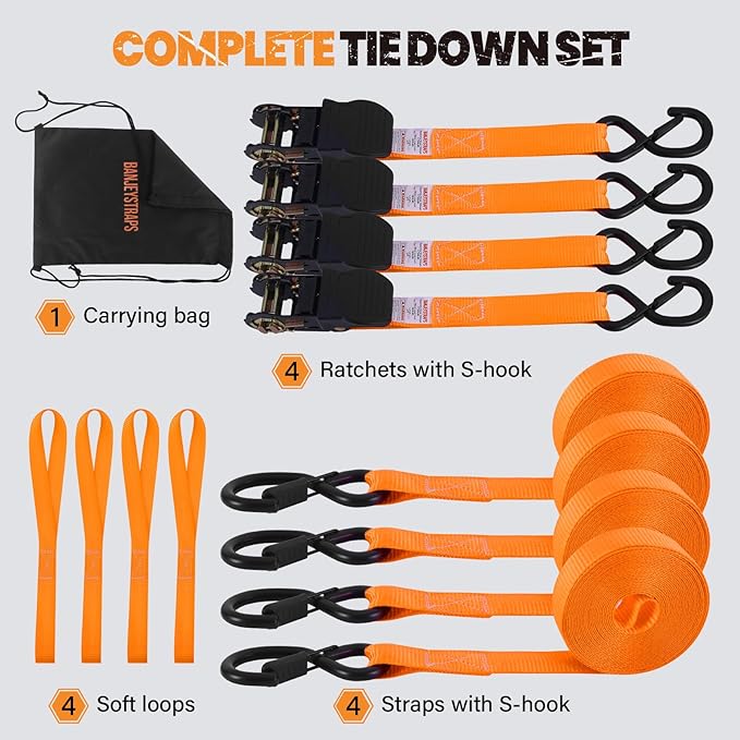 1" x20FT Extra Long Ratchet Straps with S-Hooks & Soft Loops (4-Pack) - 1,750lb Heavy Duty Tie Downs for Truck, Trailer, Boat, Motorcycle & Construction