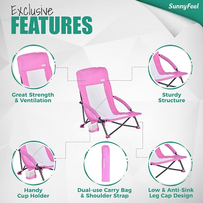 SUNNYFEEL Folding Low Beach Chair 2 Pack - Lightweight Portable Lawn Chair with Mesh Back, Cup Holder for Outdoor/Travel/Picnic/Concert, Foldable Camp Backpack Chair with Carry Bag