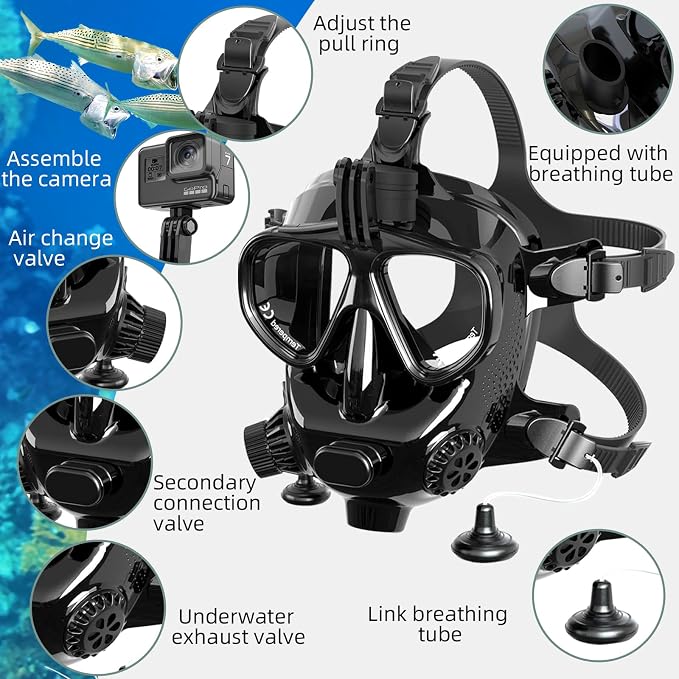Adult Diving Mask Full Face Snorkelling Mask with Camera Mount Matching Oxygen Tank Connector Suitable for All Kinds of Diving Sports