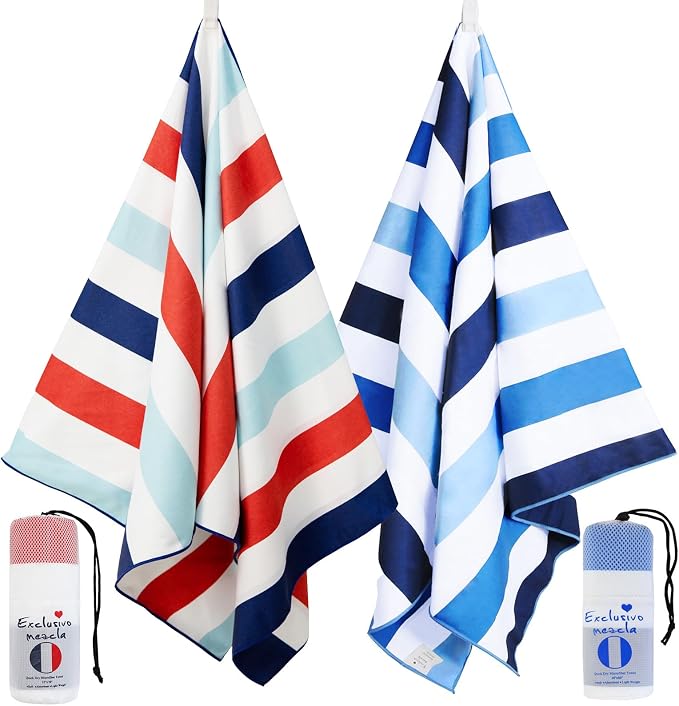 Exclusivo Mezcla 2 Pack Microfiber Quick Dry Beach Towels, Oversized Lightweight Sandfree Pool Towels for Swimming Camping Travel with Bagn (Blue and Navy, 35x70 Inches)
