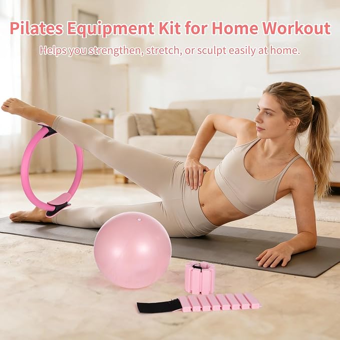 Pilates Equipment Kit for Home Workout, Pilates Ring Set with Ball, Ankle Wrist Weights, Resistance Bands, and Tape Measure, Women's Full Body Training Kit for Yoga