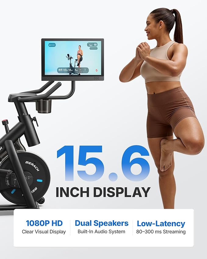 Merach Exercise Bike, Magnetic Friction Stationary Bike with Brake Pad and Exclusive App, Low Noise Indoor Cycling Bike with 300lbs Weight Capacity, Tablet Mount and Fitness Courses for Weight Loss