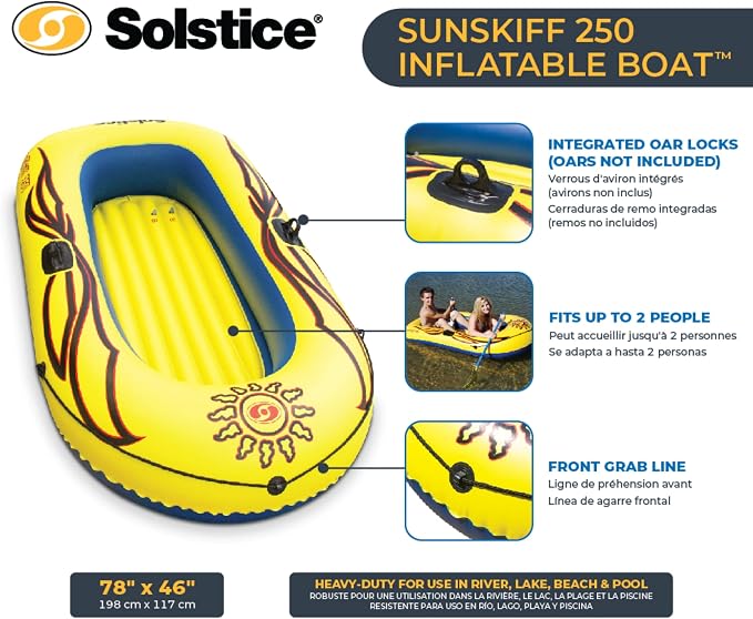 SOLSTICE Inflatable Boat Rafts 2 Person for Adults & Kids Comes W/ Pole Oar Holders Cushioned Comfortable Base Grab Line 6 Ft Size Sunskiff Kits Dinghy Air Floor Yellow