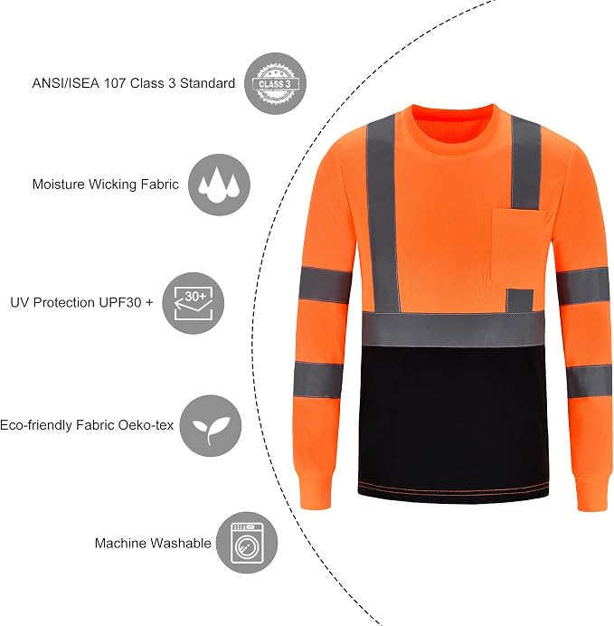 A-SAFETY Safety Shirt,High Visibility Work T Shirt Long Short Sleeve Class 3 (XS-6XL)