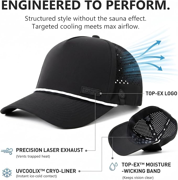 TOP-EX Performance Baseball Hat for Men Water Resistant Golf Cap Running Cooling Snapback Laser Perforated