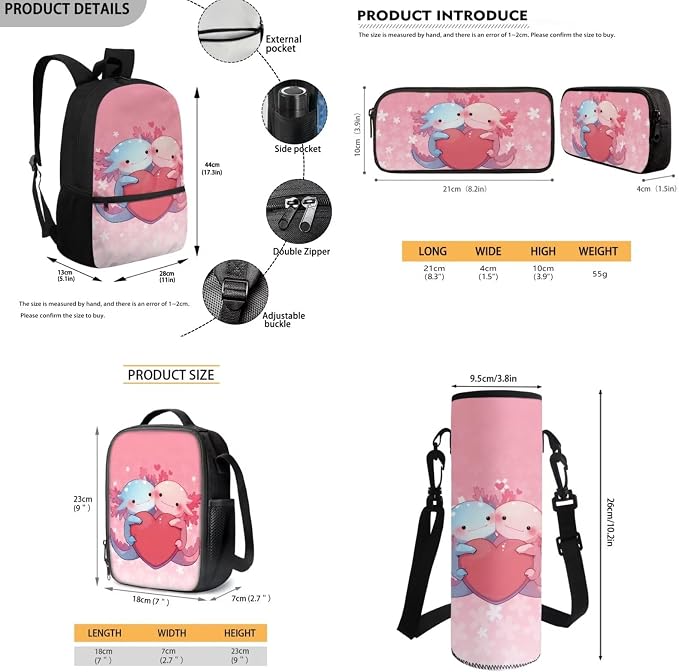 Axolotl Backpack for Girls School Bag and Lunch Box Set Pencil Case Water Bottle Holder 4 PCS School Bag Set 17 Inch Kindergarten Bookbag Back to School Supplies