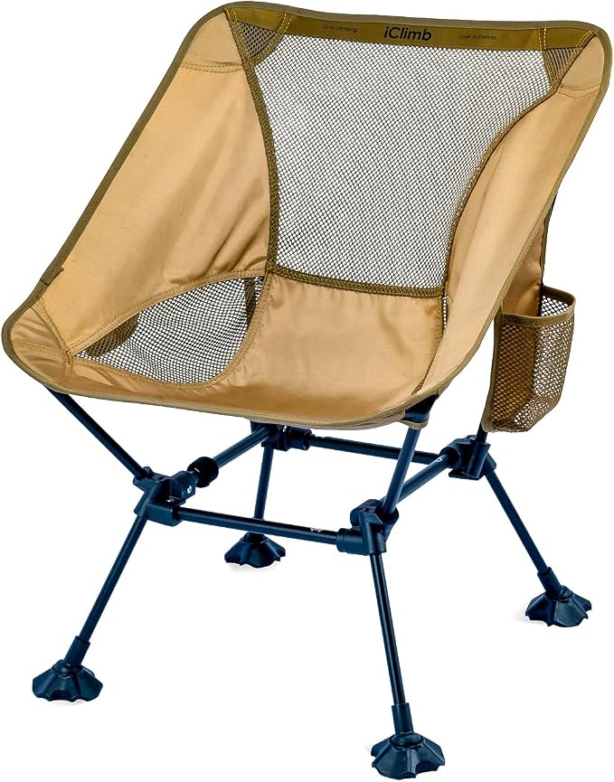 iClimb Ultralight Compact Camping Folding Beach Chair with Anti-Sinking Large Feet and Back Support Webbing (Brown- Square Frame)