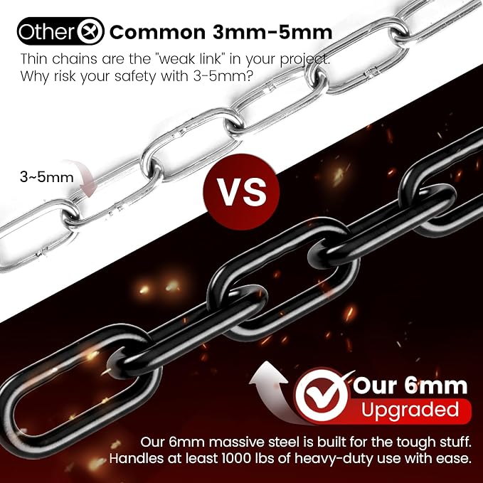 sprookber 1000LB Heavy Duty Hanging Swing Chain, 6mm Thick 304 Stainless Steel Hanging Chain with 4 Carabiners, 45" Hardware Kit for Hammock, Hanging Chair, Punching Bags, Tree, Indoor & Outdoor
