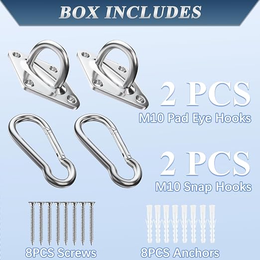 OHIYO 2PCS M10 Stainless Steel Pad Eye Hooks+2PCS M10 Snap Hooks, Heavy Duty Hammock for Hanging, 1300lbs Capacity for Swing Set, Plant Hanger, Outdoor Lights