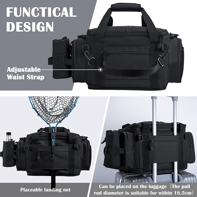 Goture Fishing Tackle Bag,Store Up to 4PCS 3700 Tackle Boxes(Not Included),600D Soft Side Water-Resistant Saltwater Gear Storage Fishing Bag with Rod Straps,Detachable Water Bottle Pouch,SBS Zippers