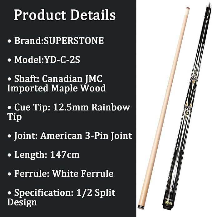SUPERDIAMOND Pool Cue Stick Set Billiard Cue Sticks with Hard Case, 2-Pieces 58" Pool Table Sticks, 12.5 mm Tip Pool Queue,Pool Stick Set for Home Recreation, Billiards Clubs, Training
