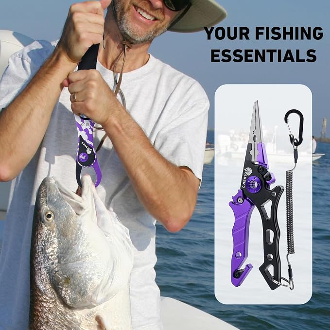 Golden J Fish Lip Gripper & Multi-Function Fishing Pliers Set - High-Strength Aluminum & Stainless Steel, Hook Remover, Split Ring Pliers, Line Cutter, Ideal for Ice, Surf, Lure Fishing