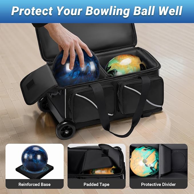 Bosynoy 3 Ball Bowling Bags with Wheels, Single Ball Tote+2 Ball Bowling Bag with Shoe Compartment (Up to US Men Size 16), Bowling Ball Bag 3 Ball Roller with Insulated Pockets, Black