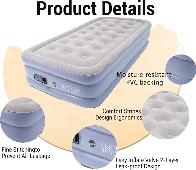 Onirii Twin Air Mattress Bed with Built in Pump | 16 Inches High Airbed Inflatable Mattress,Comfort Thickened Blow Up Air Bed,Travel Sleeping Pad for Guests Home (Twin Size)