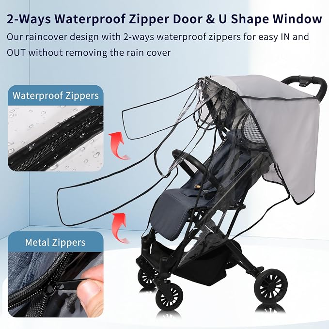 Stroller Rain Cover, Universal Clear Breathable Weather Shield with Waterproof 2-Way Zippers Open, 4 Seasons Protection for Baby from Rain, Wind, Snow (Two Ways Open on Front)