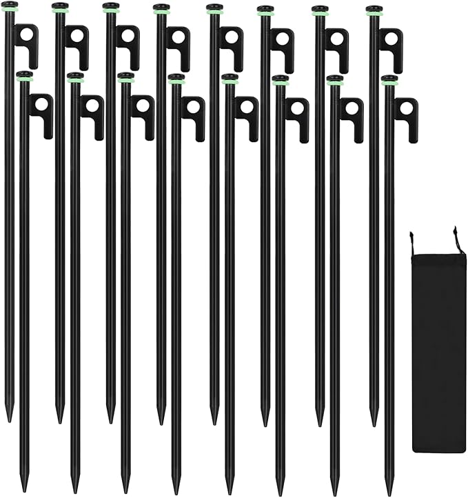 16Pcs Tent Stakes, 16in Heavy Duty Tent Stakes with Storage Pouch, Dia 0.35" Forged Steel Stakes for Tent Used on Rocks, Grassland, Snowfield(16Pcs 16in Stakes)