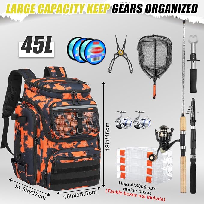HAMBOLY Fishing Backpack 45L with Rod Holders, Water-Resistant Tackle Backpack for Fishermen, Large Capacity Fishing Gear Bag for Travel Hiking Camping